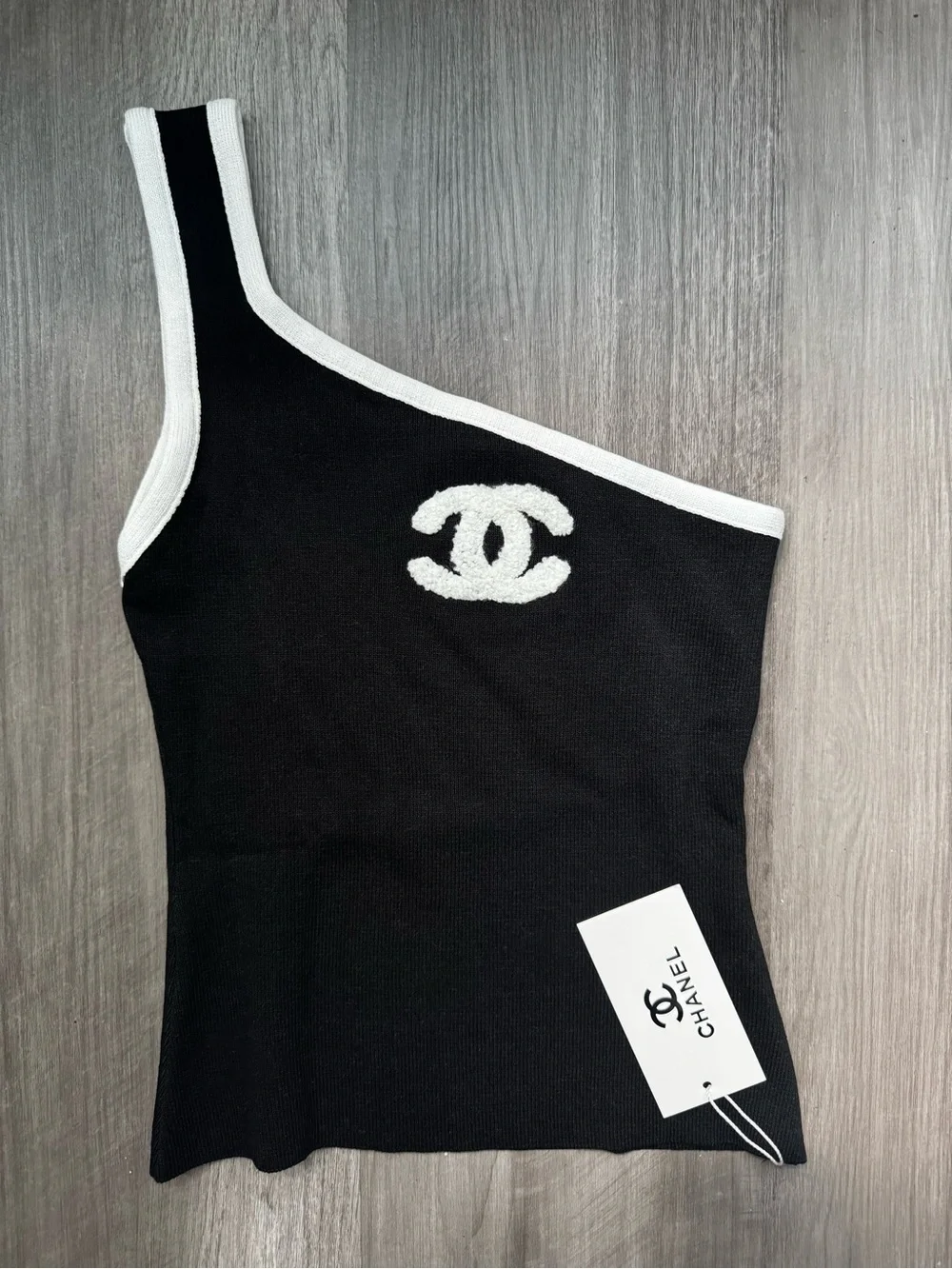 C C One-Shoulder Black Knit Top with White Trim
